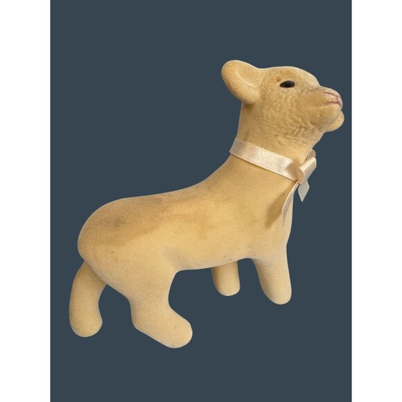 Vintage Midcentury Flocked Lamb Figurine W/ Satin Bow 7.5" - Picture 9 of 9